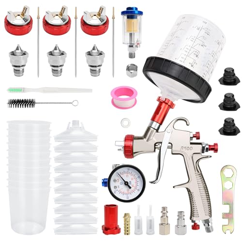LVLP Air Spray Gun with 1.3/1.7/2.0mm Nozzles & Air Compressor Regulator, Premium Paint Gun Sprayer with 10pcs 600cc Mixing Cups, Automotive Paint Gun for House Painting, Car, Furniture, Fence