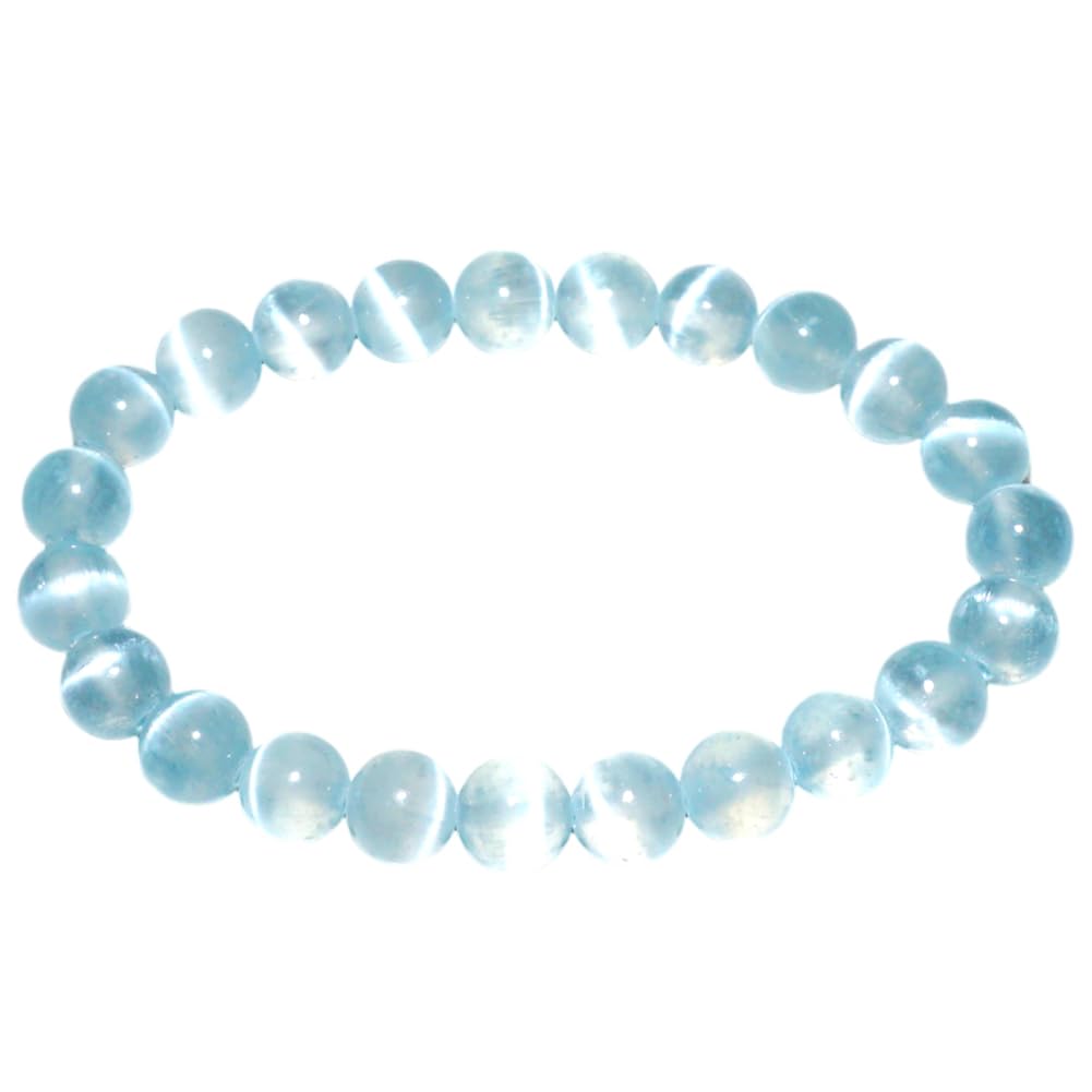 TaHLga Natural Selenite Bracelet 8mm | Aqua Blue | Crown Chakra Crystal with Cat-eye Effect | Handmade Meditation Healing Bracelet for Women Men | Beading Tool Kit - Fits for 6.5-7.5 inch Wrist Size