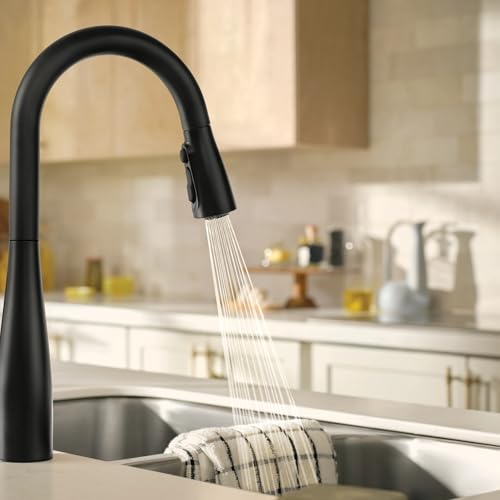 Moen Reyes Matte Black Pulldown Kitchen Faucet with Soap Dispenser and Power Boost, Transitional Kitchen Faucet, One-Handle High Arc, Easy Installation, 87932BL