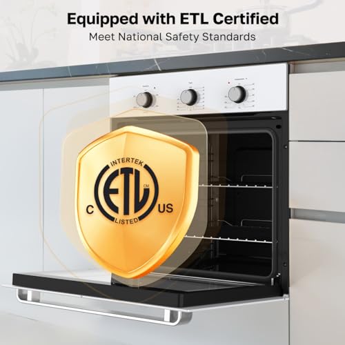 24" Single Wall Oven, ThermoMate 2.8 Cu.ft. Electric Wall Oven with 5 Cooking Functions, White Built-in Ovens with Mechanical Knobs Control, ETL Certified