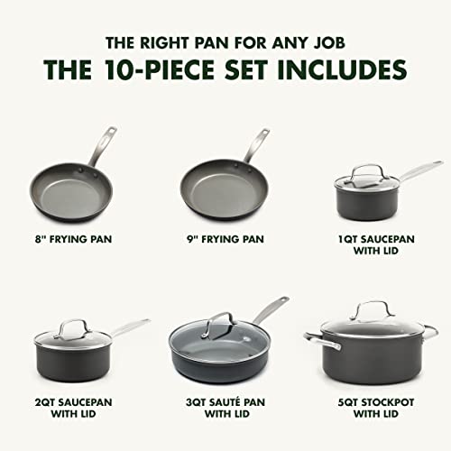 GreenPan Chatham Hard Anodized Healthy Ceramic Nonstick 10 Piece Cookware Pots and Pans Set, Frying Pan Skillets, Saucepans, Saute Pan, Stockpot, Lids, PFAS-Free, Dishwasher & Oven Safe, Gray