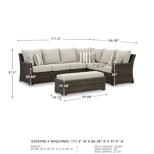 Signature Design by Ashley Brook Ranch Casual Nuvella Weather Resistant Fabric Right Hand Facing Outdoor Sofa Sectional/Bench with Cushion and 6 Throw Pillows, Set of 3, Beige & Dark Brown