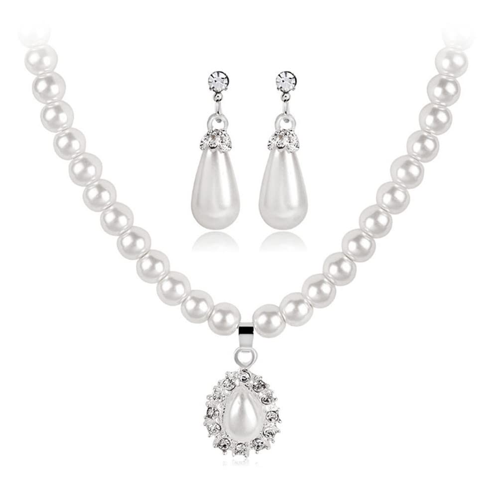 tenghong2021 Fashion Classic Faux Pearl Jewelry Set Necklace Bracelet Earrings for Women Best Gift (White water drop)