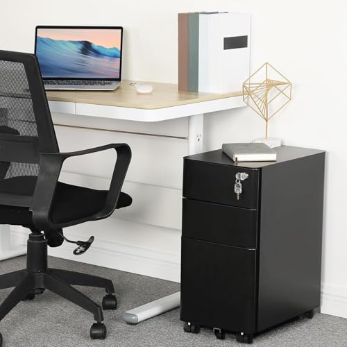 YITAHOME 3 Drawer File Cabinet, Mobile Filing Cabinet for Home Office, Metal Slim File Cabinet Drawers with Lock, Pre-Built Office Storage Cabinet for A4/Letter/Legal (Black)