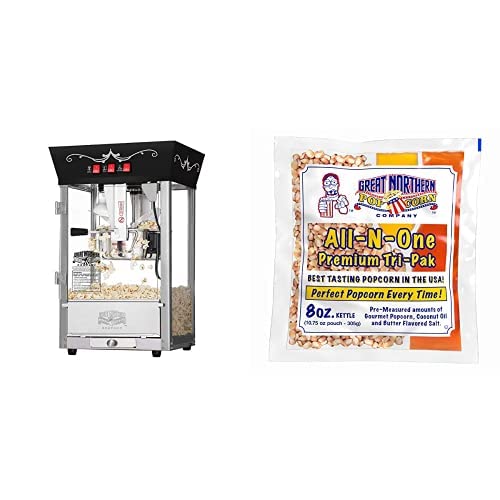 Matinee Countertop Popcorn Machine – 3 Gallon Popcorn Popper, 8oz Kettle, Warmer, and 24 All-In-One Popcorn Packs by Great Northern Popcorn (Black)
