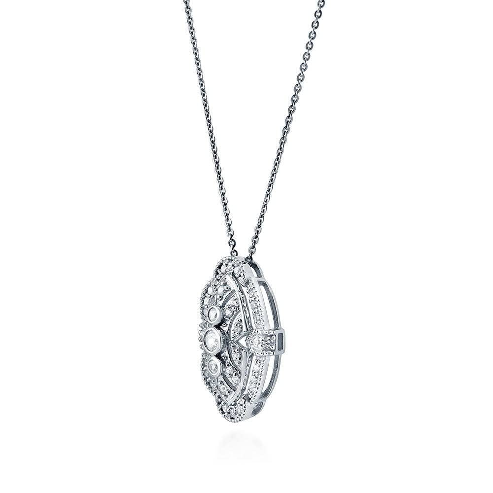BERRICLE Sterling Silver Vintage Inspired Art Deco Cubic Zirconia CZ Milgrain Fashion Necklace and Earrings Set for Women, Rhodium Plated