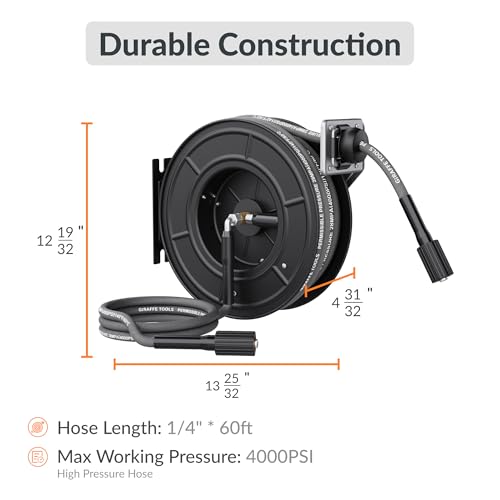 Giraffe Tools Pressure Washer Hose Reel 60ft, Power Washer Hose Reel, Pressure Washer Retractable Hose Reel, Heavy Duty, Wall/Floor Mounted, 4000 PSI, Dark Silver