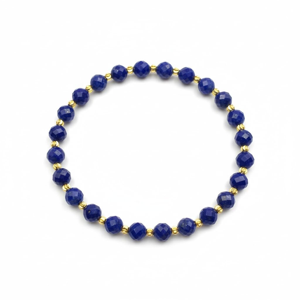 Lapis Lazuli Faceted Bracelet with 18K Gold-Tone Spacer Beads – 6mm 64-Cut Natural Blue Gemstone | Sparkling Healing Crystal Jewelry for Women | Elegant Handmade Stretch Bracelet Gift with Velvet Pouch(6mm 64-Facet Sparkle)