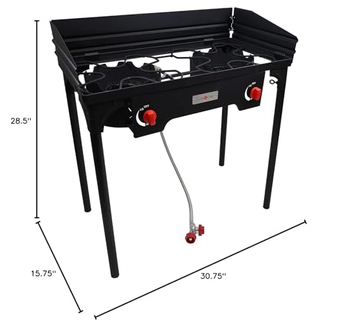 Gas One Propane Double Burner Two Burner Camp Stove with Windscreen Outdoor High Pressure Propane 2 Burner Adjustable PSI Regulator and 4ft Steel Braided Hose With Removable Legs