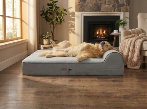 KOPEKS Orthopedic Memory Foam Dog Bed 7" Inch Thick Extra Large Dog Bed With Pillow Grey 50"x34"x10" Includes Waterproof Liner & Durable Removable Cover With Smart Design