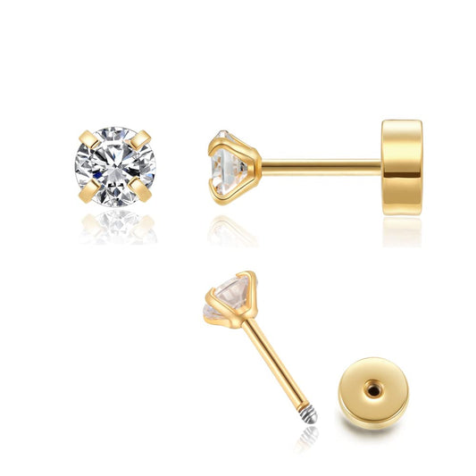 4mm CZ Flat Screw Back Stud Earrings,14K Gold Small Cubic Zirconia Earrings for Helix Cartilage Tragus Earlobe Piercing Jewelry Gift for Women(4mm CZ,Gold)