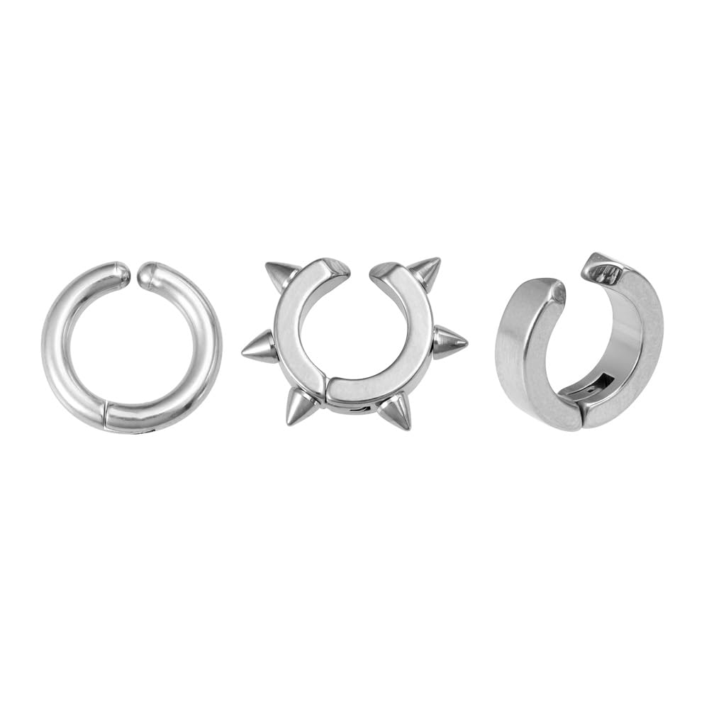 Niaspi 3Pcs Ear Cuff Earrings for Women Men Stainless Steel Non Piercing Clip On Cartilage Earrings Fake Huggie Hoops Earrings Gold/Silver/Black (Silver)
