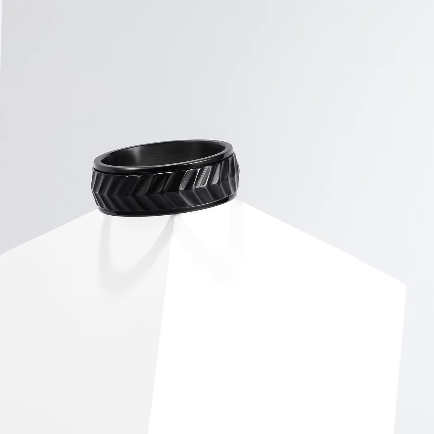 King Will Mens Black 8mm Spinner Rings Tire Stripe Groove Stainless Steel Anxiety Fidget Ring for Men 13