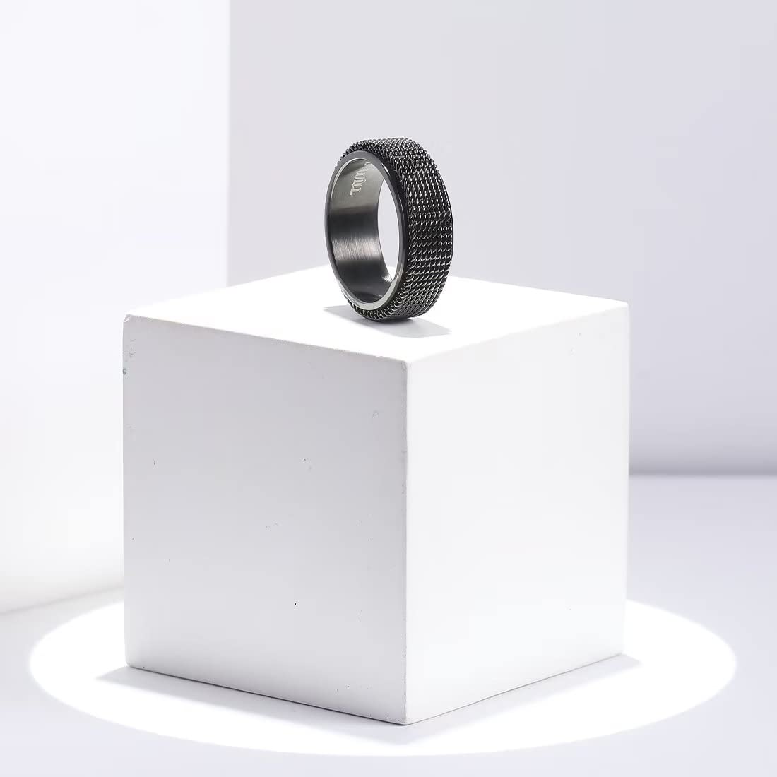 King Will Black 8mm Stainless Steel Chain Mesh Simple Plain Spinner Anxiety Ring for Women Men Wedding Band Ring Fidget Ring Mesh Chain Woven Mesh 9