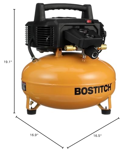 Bostitch 6 Gallon Pancake Air Compressor & 13 Piece Accessory Kit: Air Hose, Blow Gun and Adapter, Blow Chuck, Tire Gauge, Rubber Blow Gun Nozzle, Inflation Needle, and Male Quick Connect Plug