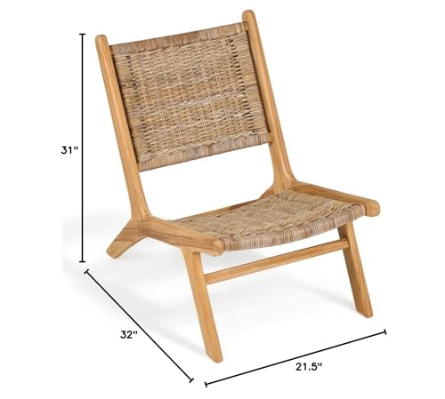 TeakCraft Teak Rattan Lounge Chair – Mid Century Modern Accent Chair, Solid Teak Wood, Natural Rattan, Boho & Scandinavian Style Seating for Living Room, Bedroom, Patio – Easy Assembly, The Vega