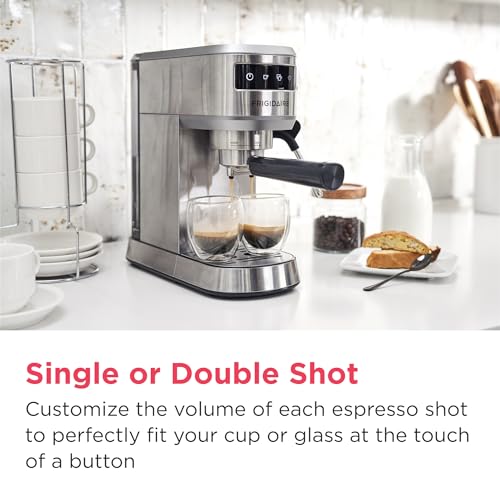 Frigidaire Steam Espresso Maker, Coffee Machine with Milk Frother & Cup Warmer, 20 Bar Pressure, 34 oz Removable Water Tank, Single or Double Shot, Stainless Steel