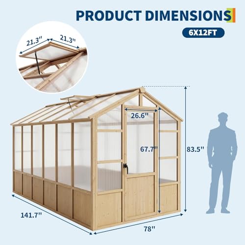 6X12 ft Outdoor Wooden Greenhouse with Lockable Door, Adjustable Roof Vent & Polycarbonate Panels, UV Protection, Large Cedar Wood Walk-in Green House for Garden, Backyard, Patio, Lawn, Light Brown
