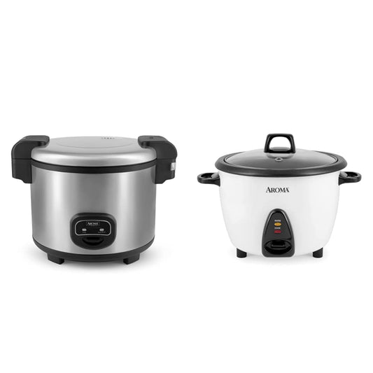 Aroma Housewares 60-Cup (Cooked) (30-Cup UNCOOKED) Commercial Rice Cooker, Stainless Steel Exterior (ARC-1130S) & ARC-360-NGP 20-Cup Pot-Style Rice Cooker & Food Steamer, White