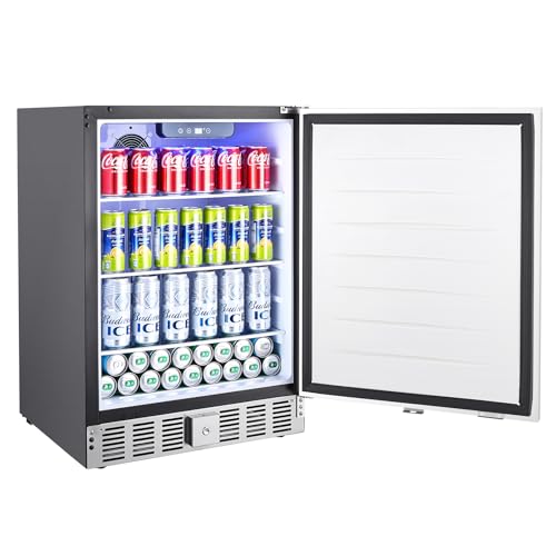 VEVOR 24-Inch Outdoor Beverage Refrigerator, 150 QT Built-in Drink Fridge, 0.56 kWh/Day Energy-Efficient Cooler with 304 Stainless Steel Door, Holds 180 Cans for Outdoor Kitchen, Home Bar, Patio