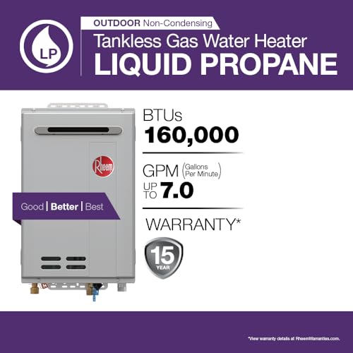 Rheem RTG-70XLP-3 High Efficiency Non-Condensing Outdoor Tankless Liquid Propane Water Heater 7.0 GPM, 160,000 BTUs