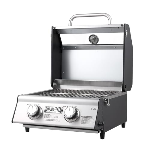 Portable Propane Gas Grill 2-Burner Tabletop Clearview® Monument Grills for Outdoor Camping Cooking, Two 15,000 BTU Burners, Stainless Steel, and Built-in Thermometer