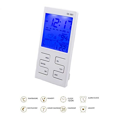 BERHUTJ Digital Thermometer Hygrometer LCD Backlight Multifunctional Indoor Temperature Humidity Meter Clock