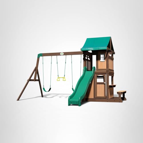 Backyard Discovery Lakewood Cedar Wood Swing Set with Wave Slide, Clubhouse, Playhouse, Snack Bar Window, Picnic Area, Belt Swings, Trapeze, Full Front Door, Windows, Step Ladder, Outdoor Playset