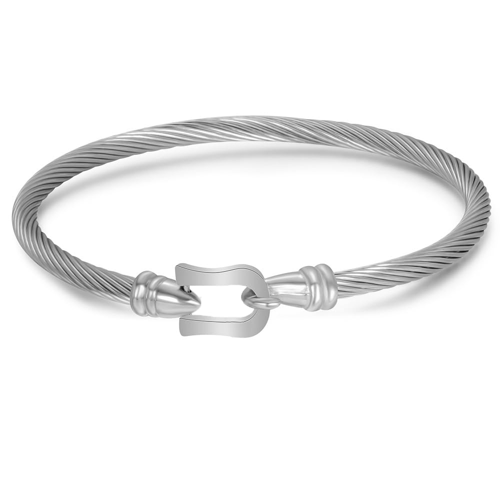 LXBQYSTO Cable Wire Twisted Cuff Bangle Bracelet For Women 14K Gold/rose/silver Stainless Steel Jewelry for Women Gift (Close1-Silver)