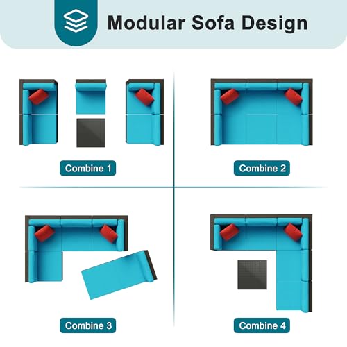 Shintenchi 6 Pieces Patio Furniture Sets Outdoor All-Weather Sectional Patio Sofa Set PE Rattan Manual Weaving Wicker Patio Conversation Set with Glass Table&Ottoman Cushion and Red Pillows, Blue