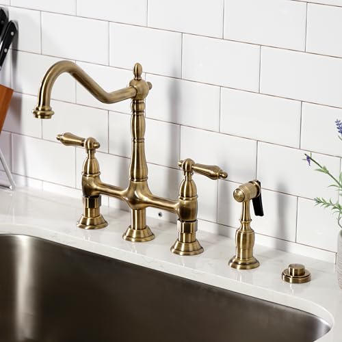 Kingston Brass KS1273ALBS Heritage 8-Inch Kitchen Bridge Faucet with Brass Sprayer, Antique Brass