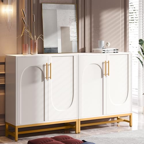 LITTLE TREE Modern Sideboard Buffet with Adjustable Shelf, 4 Doors Storage Cabinet with Faux Marble Top Metal Frame for Living Room Kitchen Dining Room Hallway, White Gold