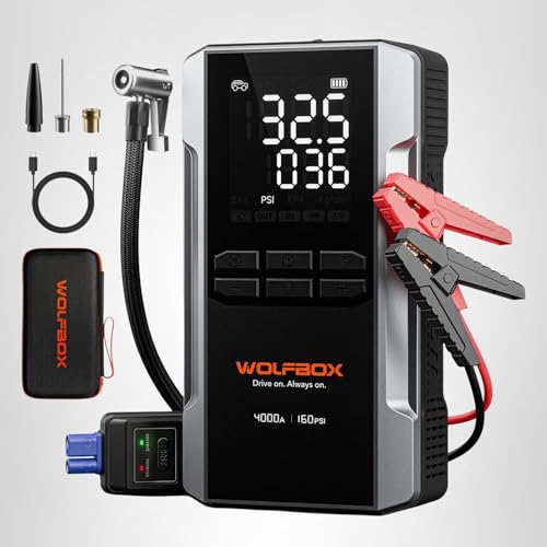 WOLFBOX 4000A Jump Starter with 160PSI Air Compressor, 12V Car Battery Booster, 65W Fast Charge, 88.8Wh Portable Tire Inflator, LED Display for 10L Gas & 10L Diesel Engines, LED Light, Jumper Cables