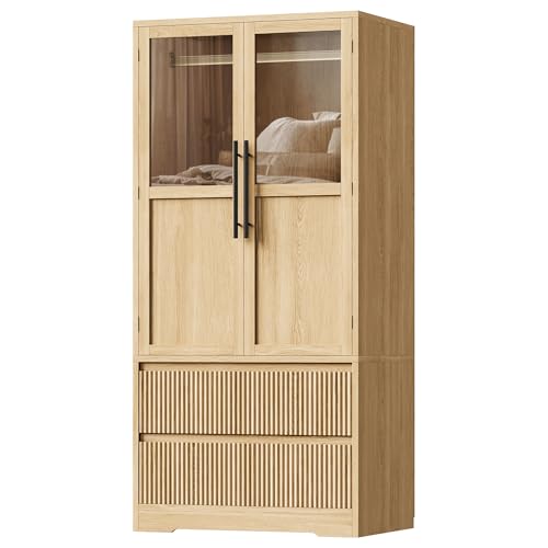 GarveeHome Armoire Wardrobe Closet with 2 Glass Doors & 2 Fluted Drawers, Wooden Wardrobe Storage Cabinet Closet w/Hanging Rod & Shelves, Large Capacity, Freestanding for Bedroom, Clothes, Natural