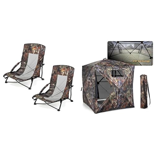 ARROWHEAD OUTDOOR 2-Pack Folding Low Profile Turkey Hunting Chair w/Shoulder Strap + 270° Vision 4.8x4.8 Ft Pop-up 2-3 Person See-Through Hunting Stealth Deer Blind Shelter w/Silent Magnetic Door