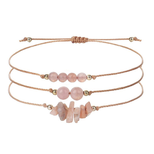 3Pcs Natural Stone Bracelet for Women Men Healing Crystal Chip Bead Bracelets Spiritual Amethyst Rose Quartz Chakra Bracelets Set Anxiety Reiki Energy Power Healing Crystals Jewelry( Sunstone)