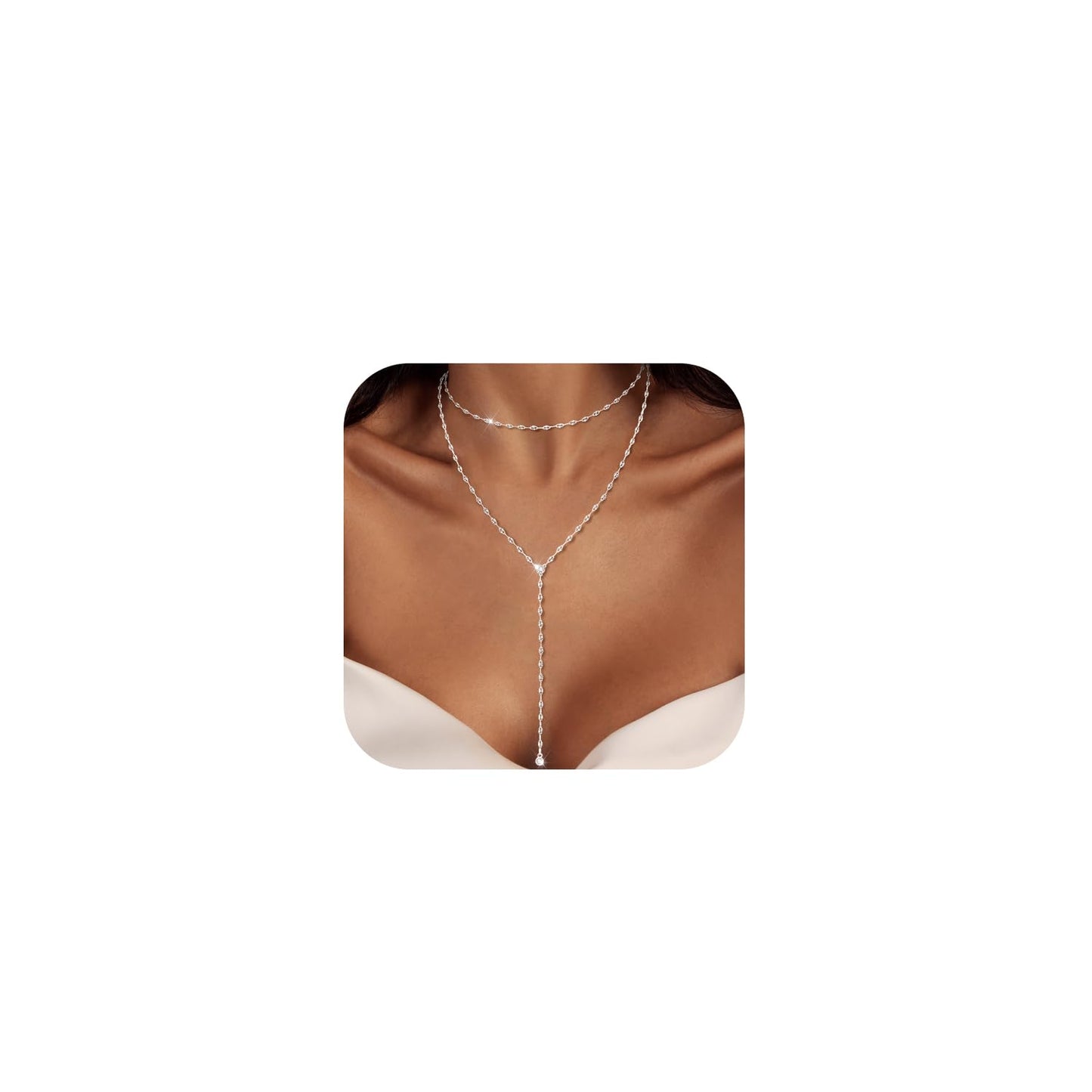 Luxval Silver Necklace for Women Dainty 14K Silver Plated Layered Necklaces for Women Trendy Lariat Shinny CZ Long Necklace Simple Jewelry Gifts