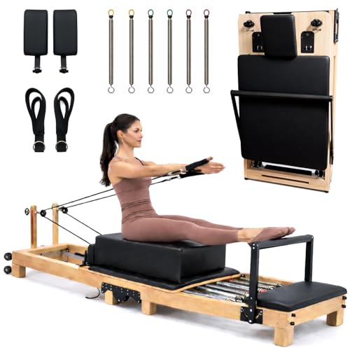 Foldable Pilates Reformer Machine - 91 in Easy Assembly with Included Sitting Box, Jumpboard, and Accessories - Wooden Foldable Reformer Pilates Machine for Home Workout or Professional Studio