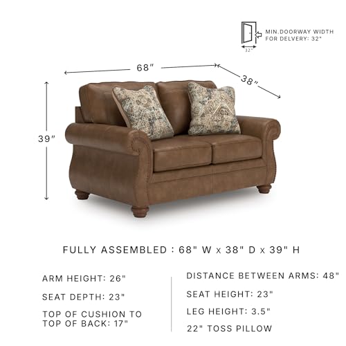 Signature Design by Ashley Shadsburne Rustic Faux Leather Loveseat with Nailhead Trim and 2 Throw Pillows, Brown
