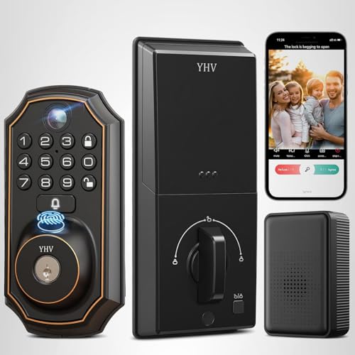 YHV Keyless Entry Door Lock with Camera Fingerprint Smart Door Lock with App Remote Control, Wi-Fi Connected Electronic Keypad Code Deadbolt Auto Unlock for Front Door