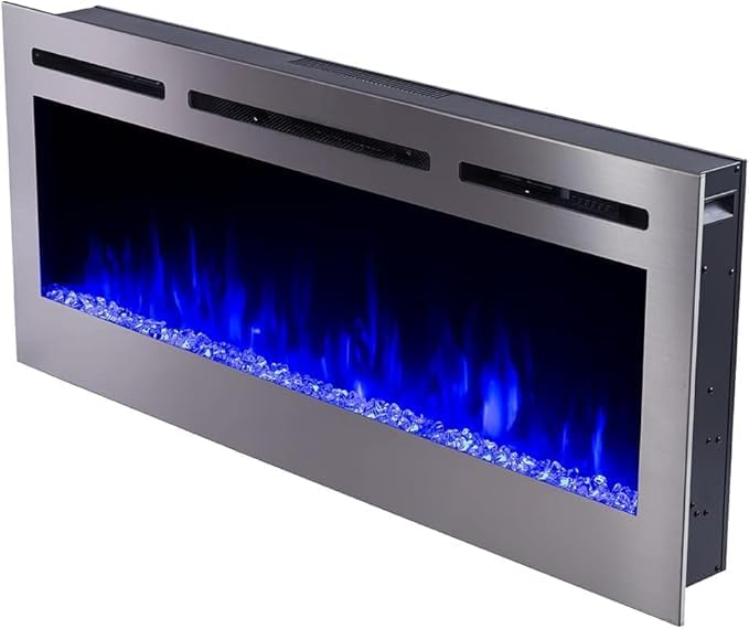 Touchstone Sideline Deluxe -Stainless Steel Smart Electric Fireplace- 60" Wide- Alexa/WiFi-Enabled- in Wall Recessed- 5 Flame Settings- 9 Flame Colors- 1,500W Heater- Log & Crystal Options- 86277
