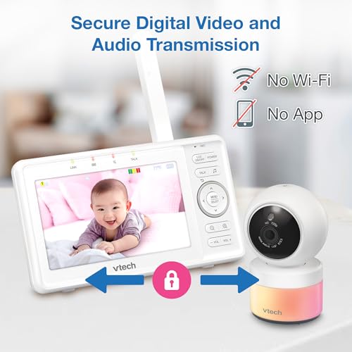 VTech Video Baby Monitor with Camera and Audio, 5" HD LCD Screen, Pan-Tilt-Zoom, 2-Way Talk, VOX Mode, Night Lights, Lullabies, Soothing Sounds, Temperature sensor, Long Range, No WiFi: VM5263 (White)