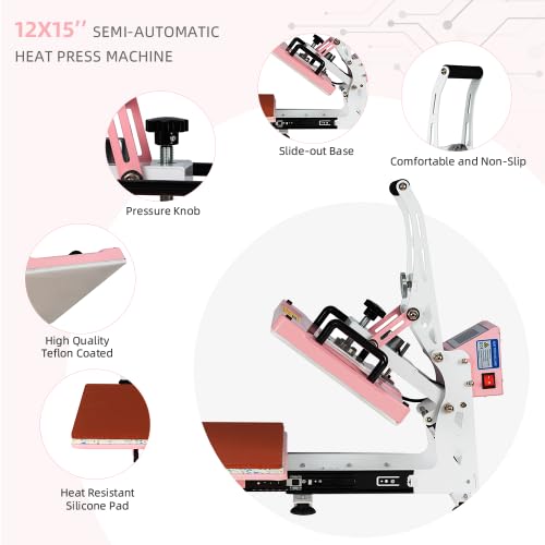 12"X15" Semi-Automatic Heat Press Machine with Auto Open & Slide-Out Base - 1000w Clamshell Press with Digital Controls for HTV, Sublimation