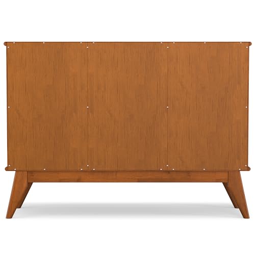 SIMPLIHOME Draper Buffet - 50 inch Wide Solid Hardwood 3-Door Sideboard Buffet in Teak Brown, Mid-Century Modern Cabinet for Dining Room or Kitchen with Adjustable Shelves and Tapered Legs