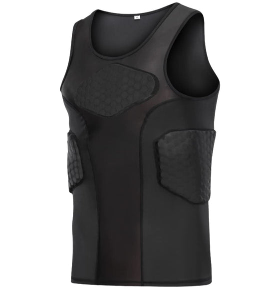 Adult Padded Compression Shirt Training Vest (4-Pad) Sleeveless T-Shirt Ribs, Back Protector Tank- Football Soccer Basketball Hockey Protective Gear