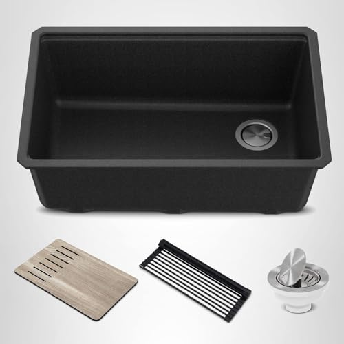 KRAUS Bellucci 30” in. Undermount Workstation Granite Kitchen Sink in Metallic Black with Accessories, KGUW2-30MBL