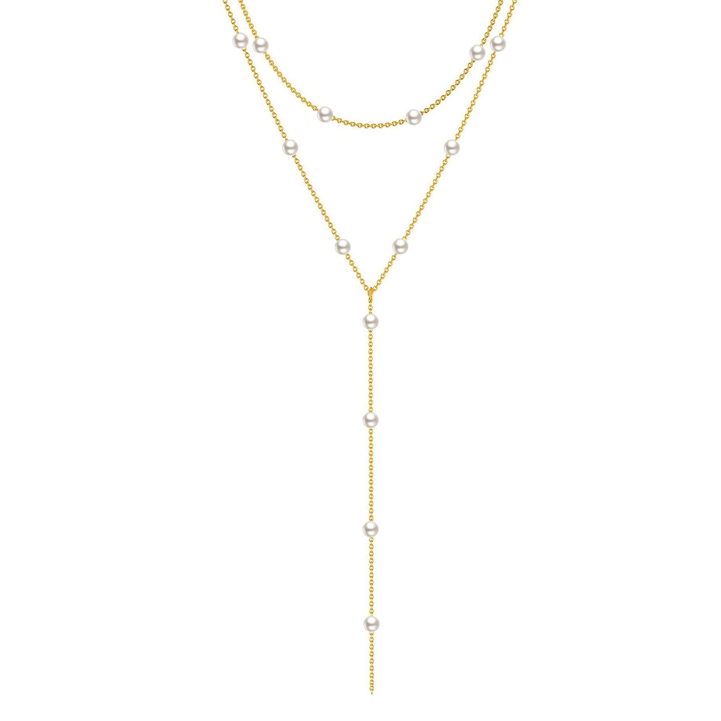 Zeffy Dainty Long Gold Necklaces for Women Trendy Pearl Lariat Y Necklace 14k Gold Plated Layered Beaded Drop Necklaces Simple Handmade Bar Pearl Pendant Y-Shaped Chain Jewelry Gift Wedding