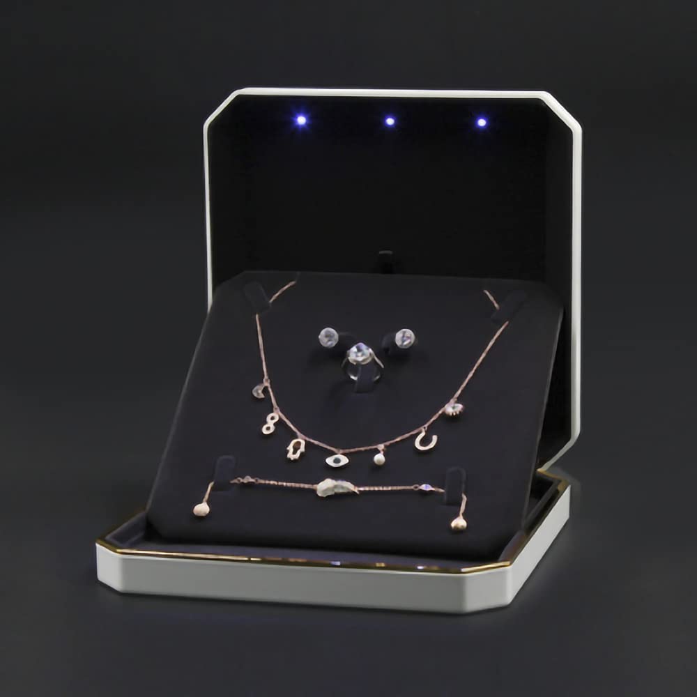HSLFUAI Necklace Box with Led,Jewelry Box for Necklace, Large Necklace Box,Jewelry Gift Box for Wedding, Birthday, Valentine' Day, Mother'S Day, Christmas,Black Velvet Interior Necklace Organizer