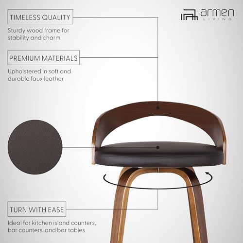Armen Living Sonia 26" Seat Height Mid Century Modern Swivel Bar Stool for Kitchen Island Counter in Brown Faux Leather and Walnut Wood