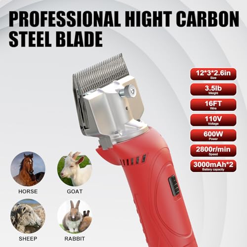 Vkdemer Cordless Horse Clippers,500W Heavy Duty Horse Grooming Clippers with 2 PCS Rechargeable 3000mAH Lithium Battery,6 Speed Professional Horse Grooming Kit for Thick Coat Animals
